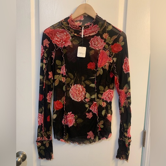 Free People Charlie Floral Printed Mesh Long Sleeve Mock Neck Top NWT - Picture 2 of 6